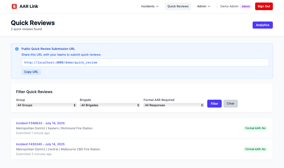 AAR Link platform interface showing incident analysis and theme identification